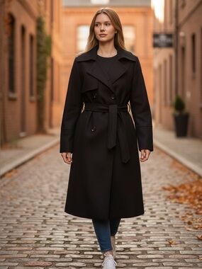 AK Anne Klein Black Wool Blend Belted Coat Women’s Small 60% Wool